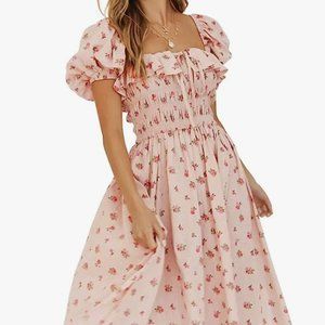 Cottagecore Floral Print Puff Sleeves Vintage Ruffles Midi Dress